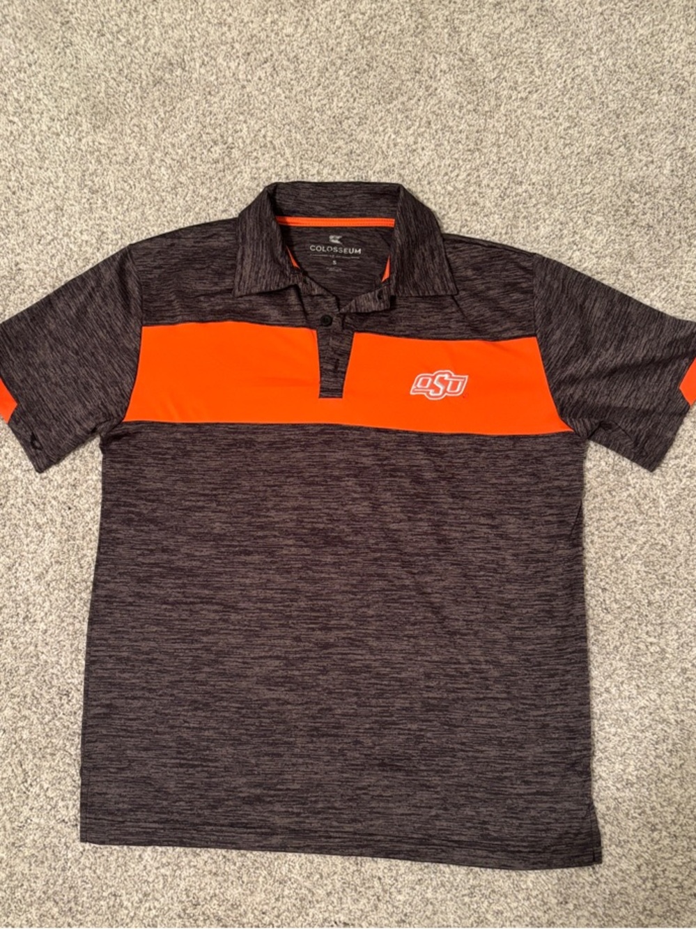 Colosseum Men's Black Heather Polo with Bright Orange Chest Stripe